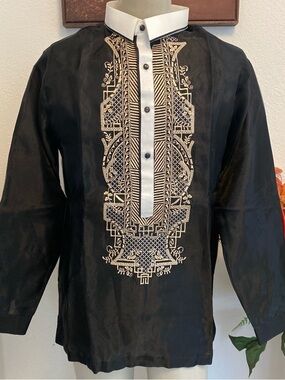 Embroidered Barong Tagalog XL Black Tunic with Cream Trim